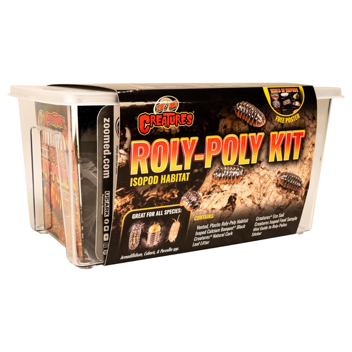 Zoo Med Creatures Roly Poly Kit isopod habitat angled view with container and label