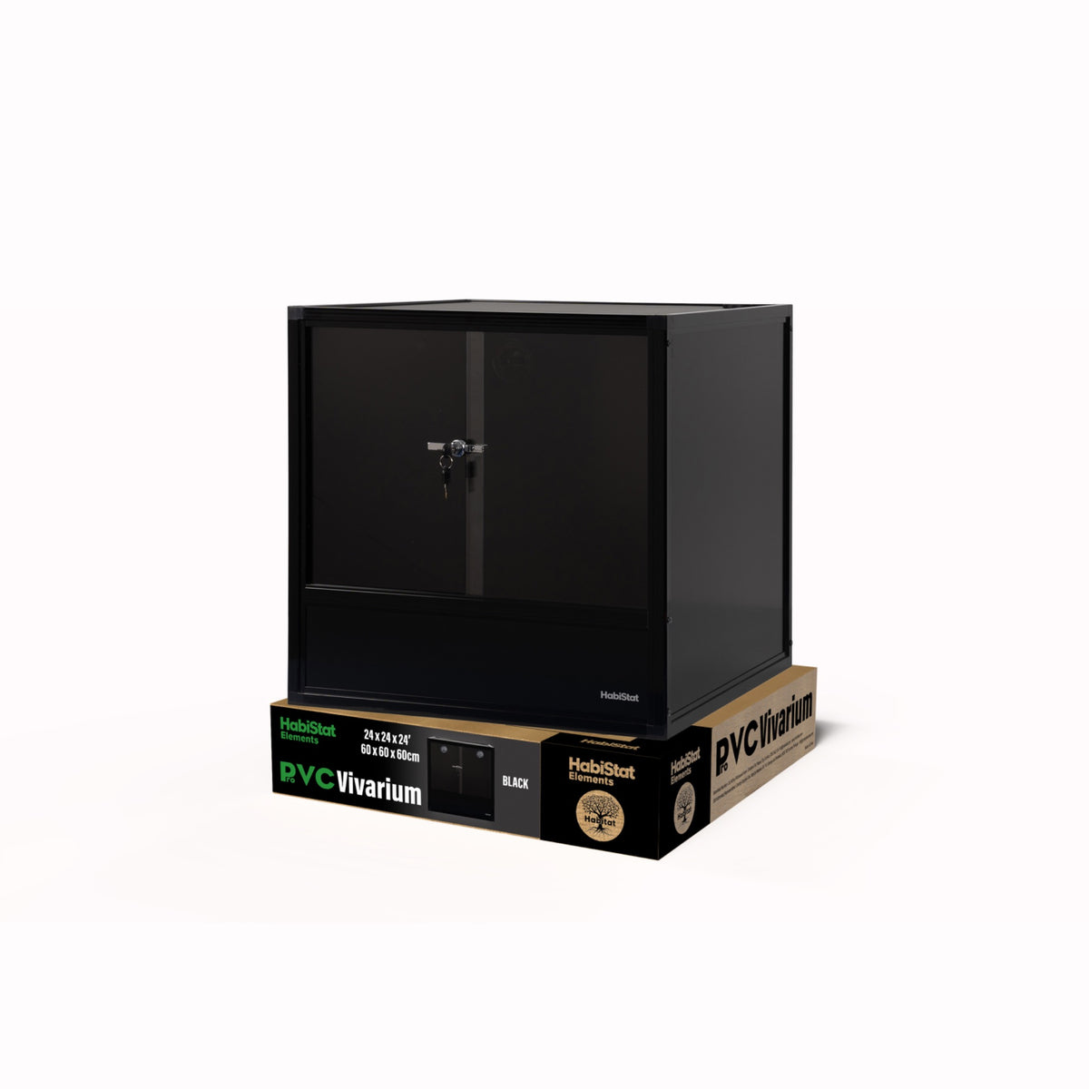 Black HabiStat ProVC 60x60x60cm PVC vivarium shown with retail packaging