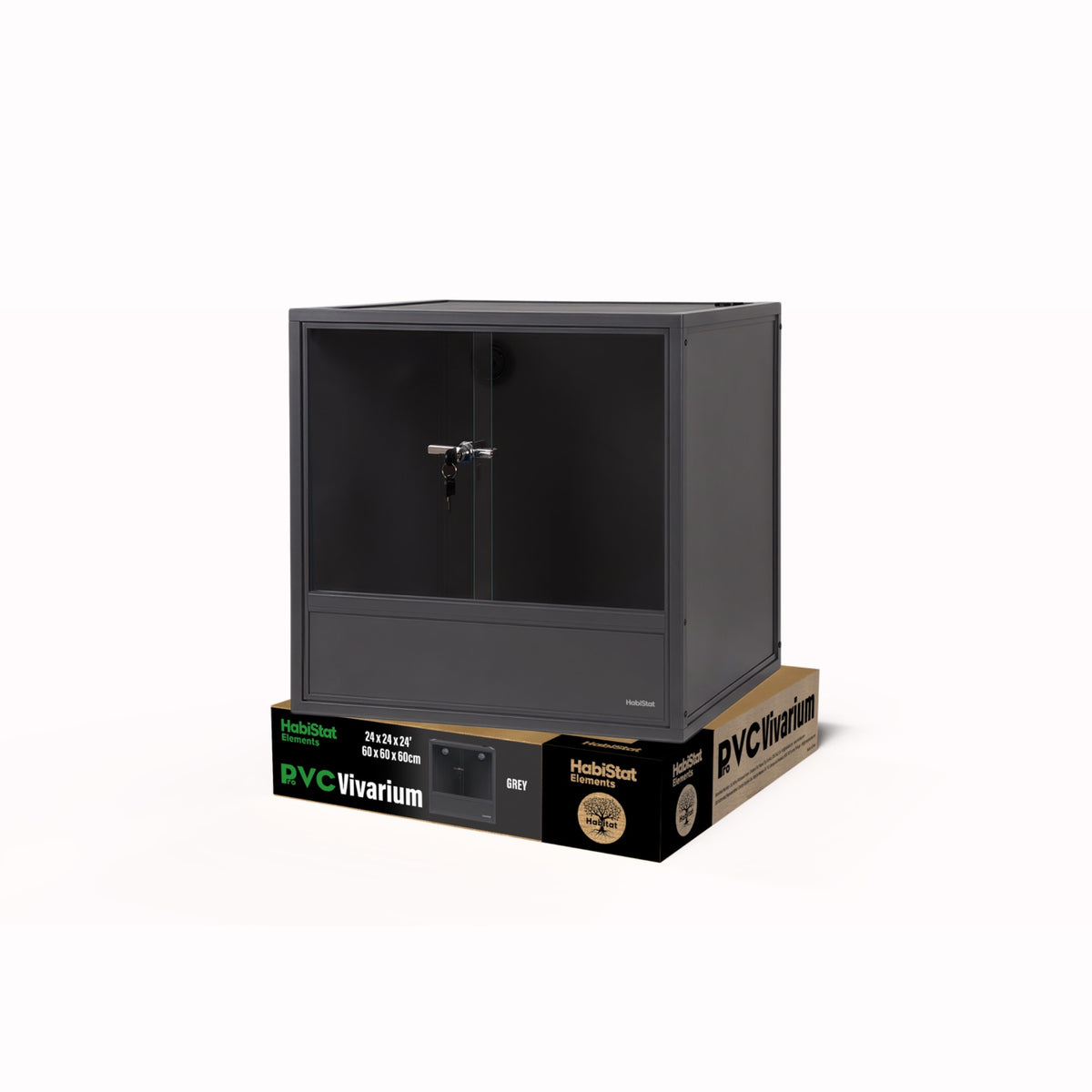 Grey HabiStat ProVC 60x60x60cm PVC vivarium shown with retail packaging