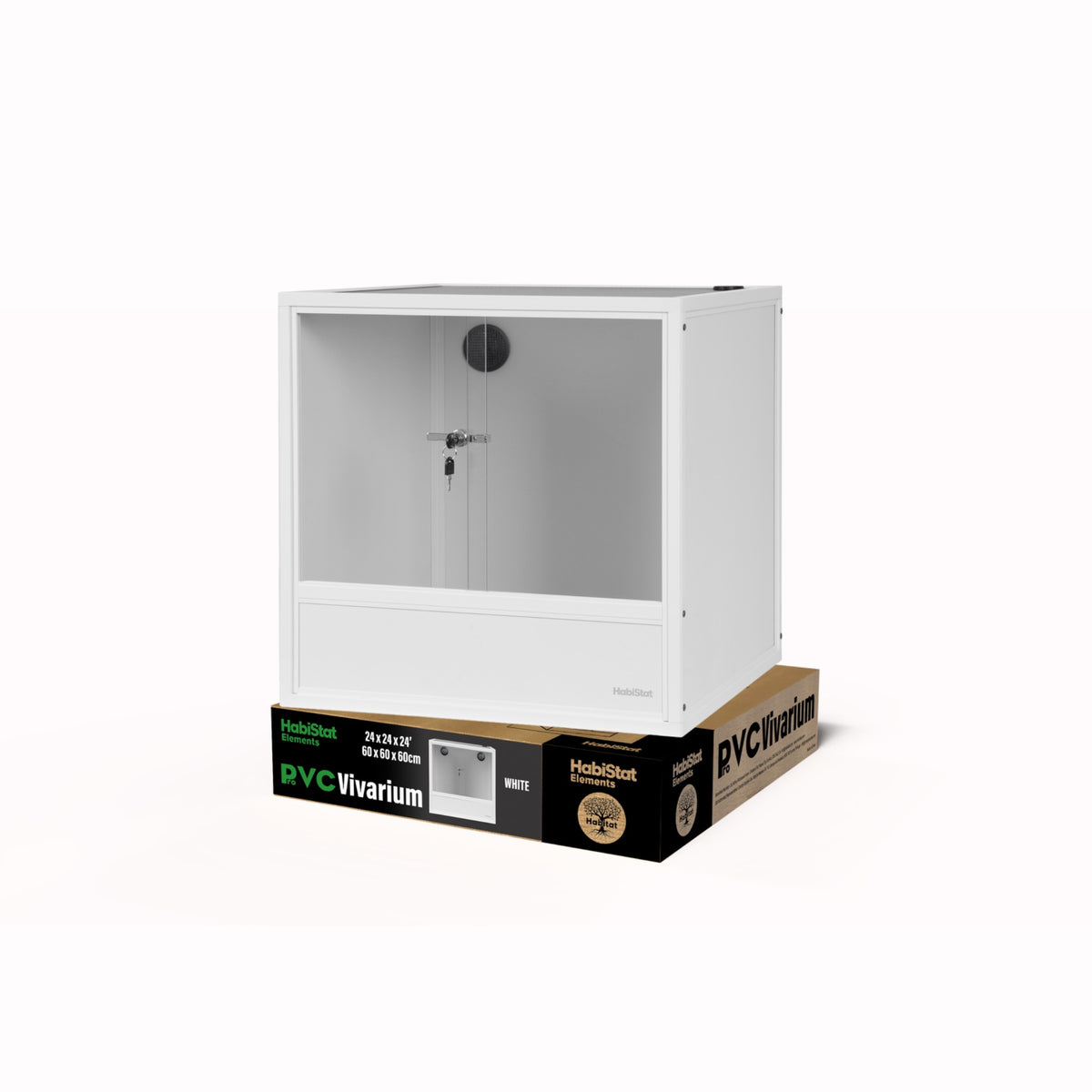 White HabiStat ProVC 60x60x60cm PVC vivarium shown with retail packaging