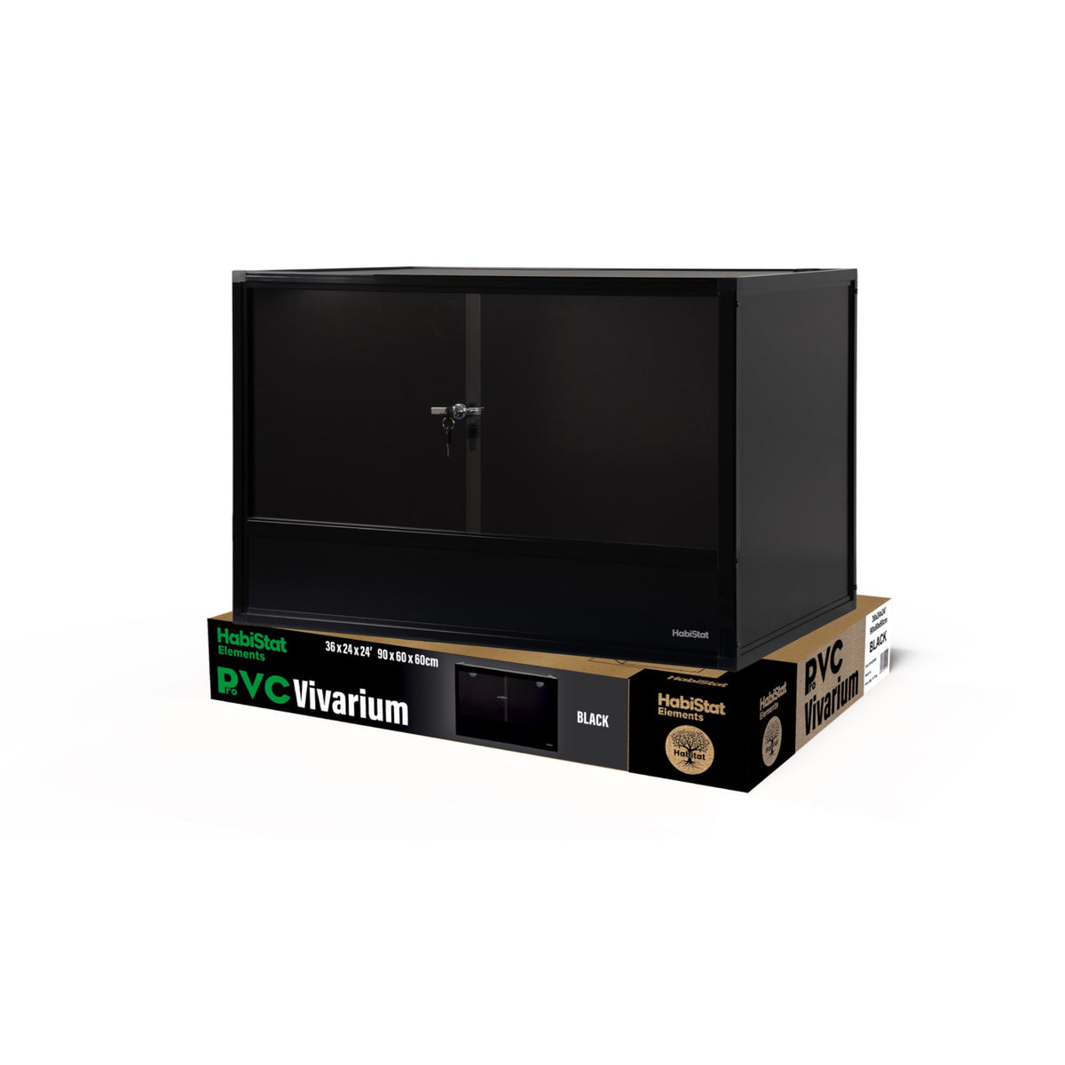Black HabiStat ProVC 90x60x60cm PVC vivarium shown with retail packaging