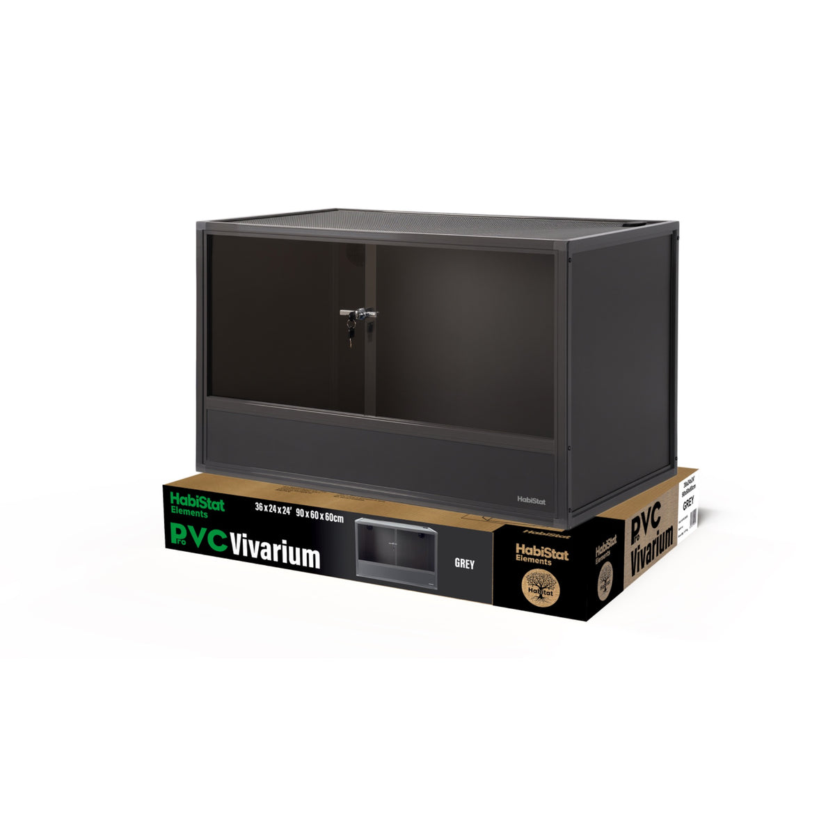 Grey HabiStat ProVC 90x60x60cm PVC vivarium shown with retail packaging