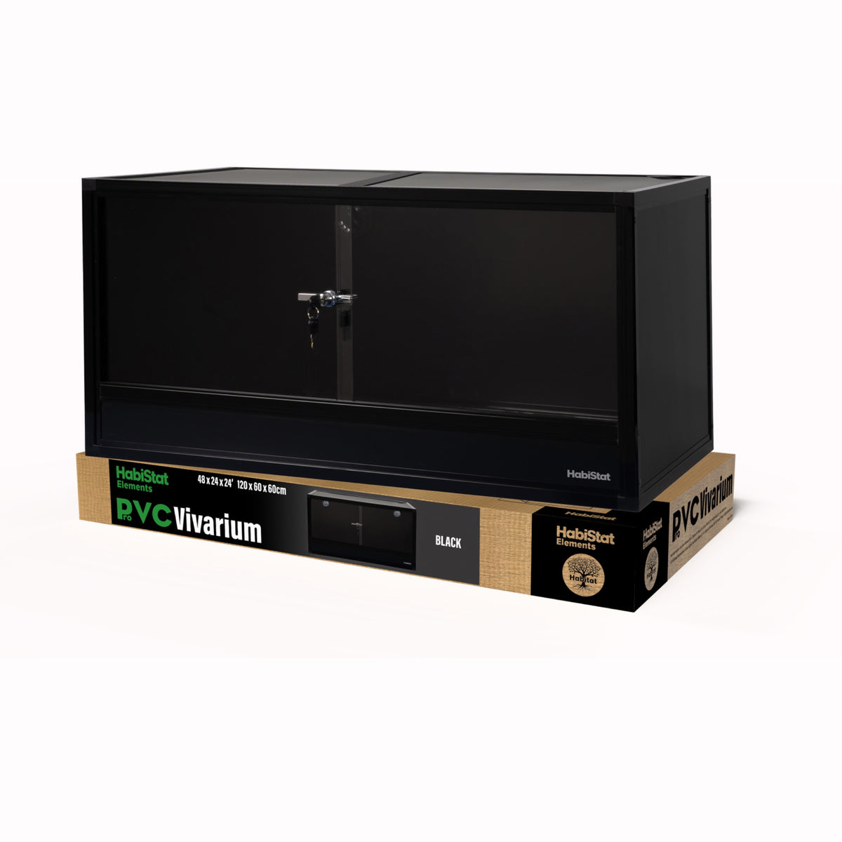 Black HabiStat ProVC 120x60x60cm PVC vivarium shown with retail packaging