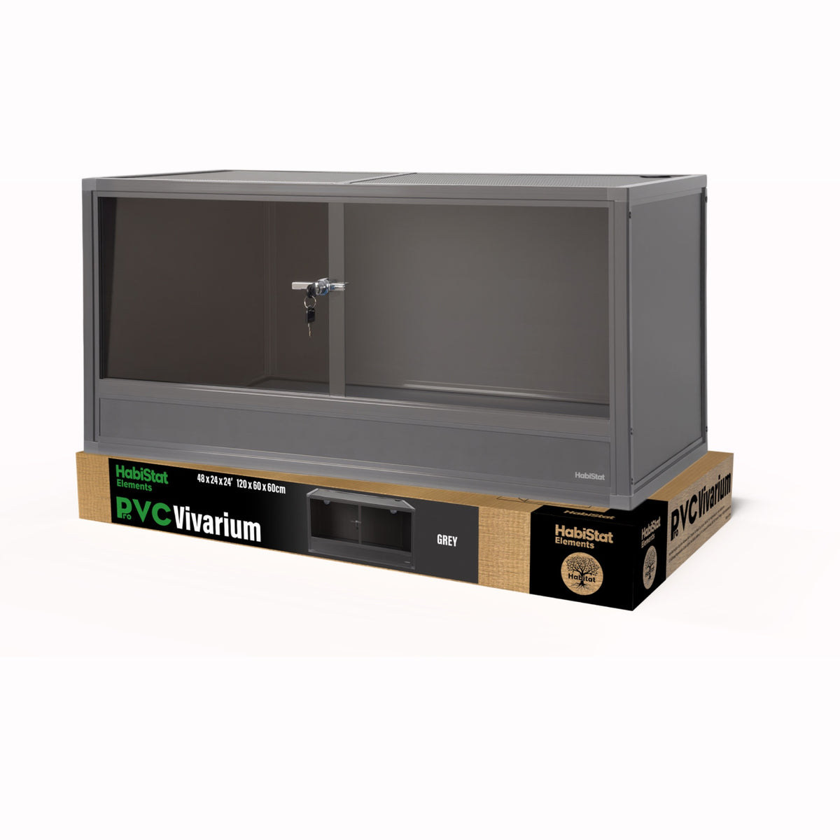Grey HabiStat ProVC 120x60x60cm PVC vivarium shown with retail packaging