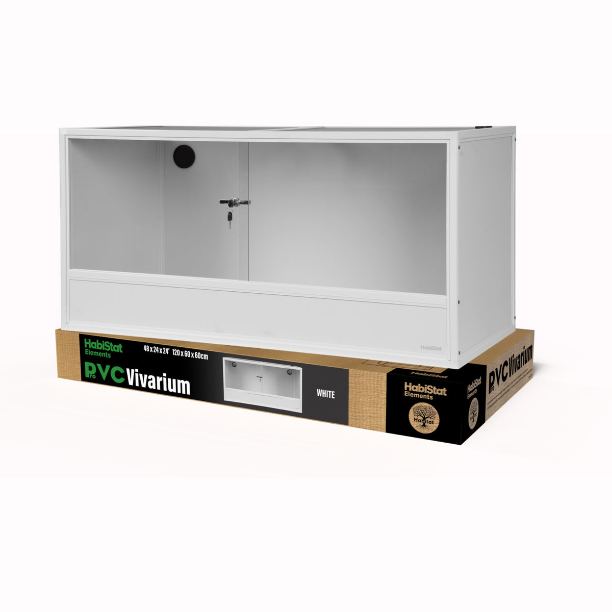 White HabiStat ProVC 120x60x60cm PVC vivarium shown with retail packaging