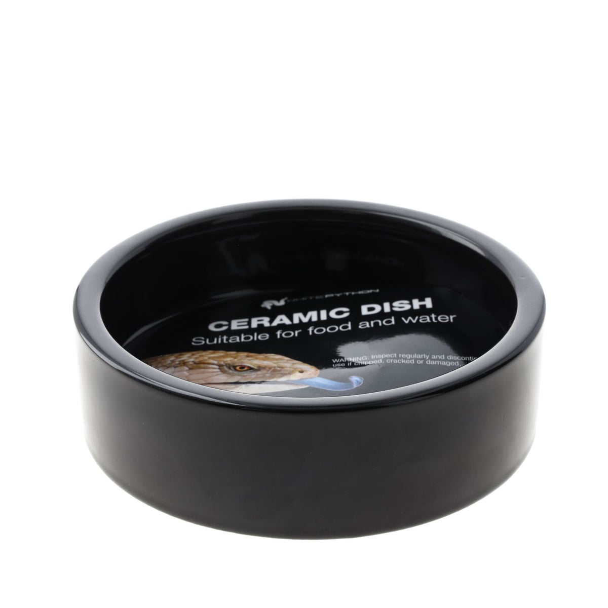 White Python black ceramic reptile water bowl, 12cm angled view