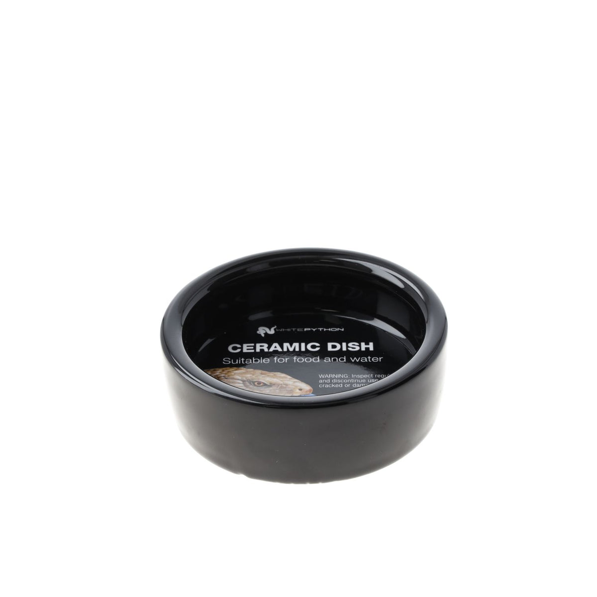 White Python black ceramic reptile water bowl, 7cm angled view