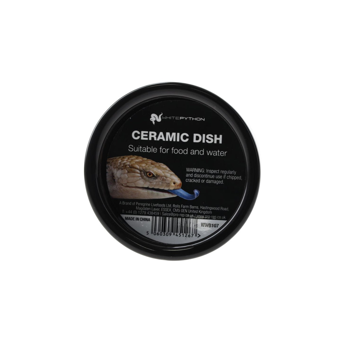 White Python 7cm ceramic reptile water bowl with product label