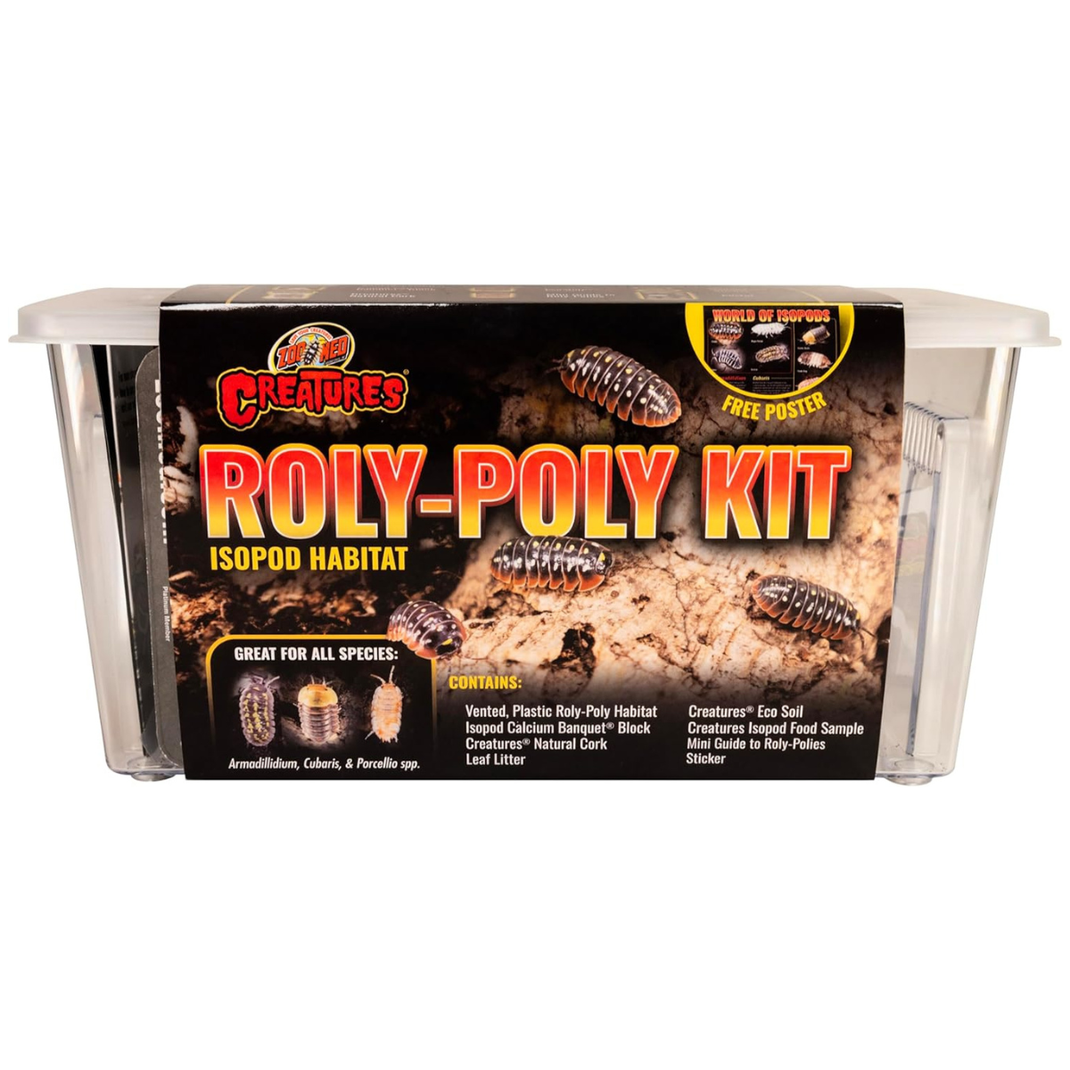Zoo Med Roly Poly Kit isopod habitat with mini guide visible inside enclosure