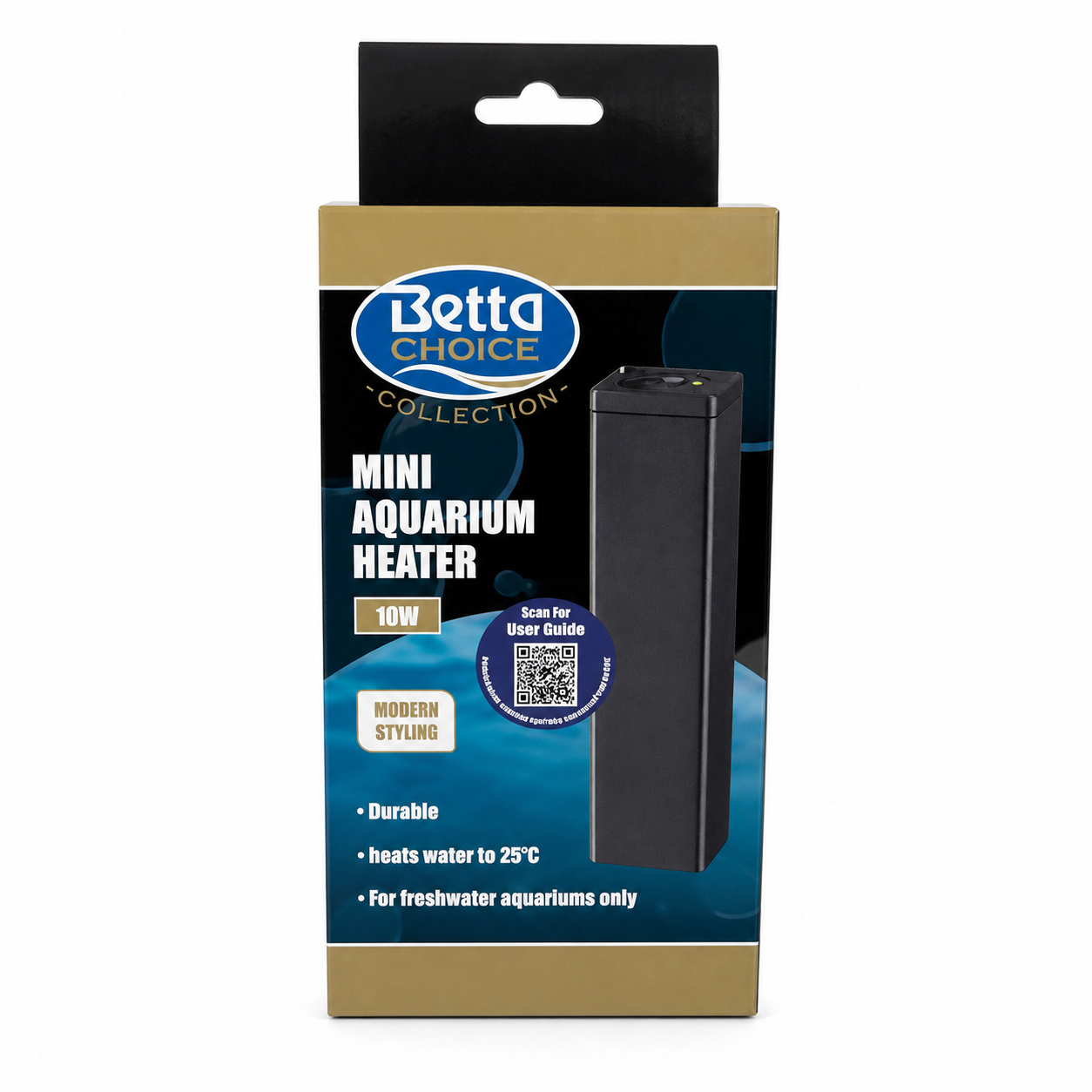 Betta Choice Mini Aquarium Heater 10W retail packaging on a white background
