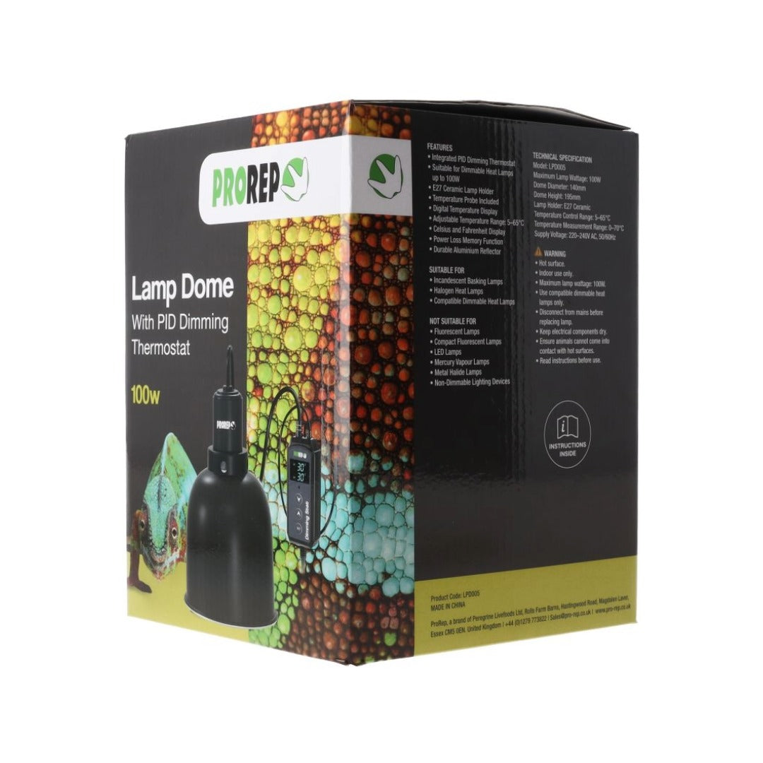 ProRep 100W Lamp Dome PID thermostat packaging showing features and specifications