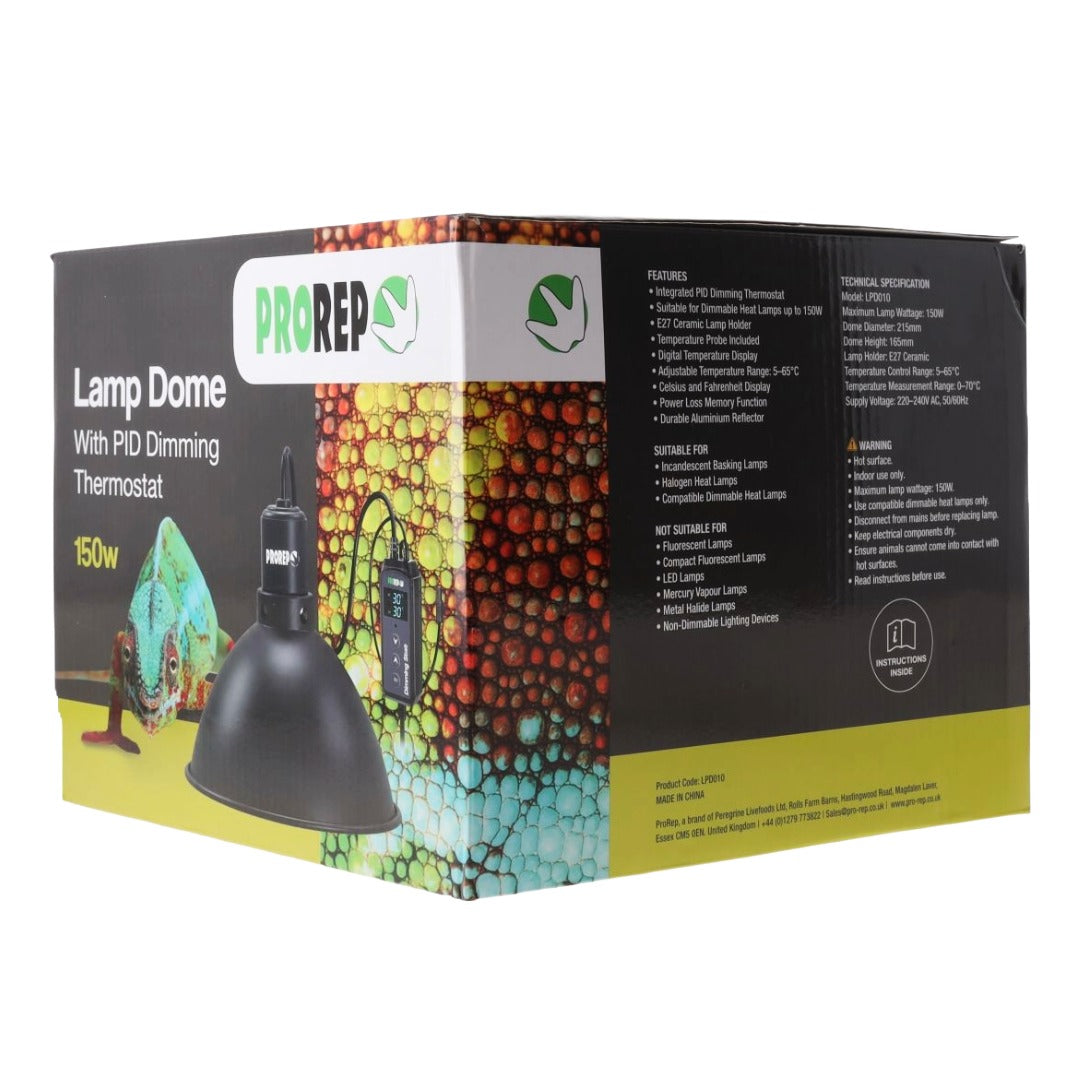 ProRep 150W Lamp Dome PID thermostat packaging showing features and specifications