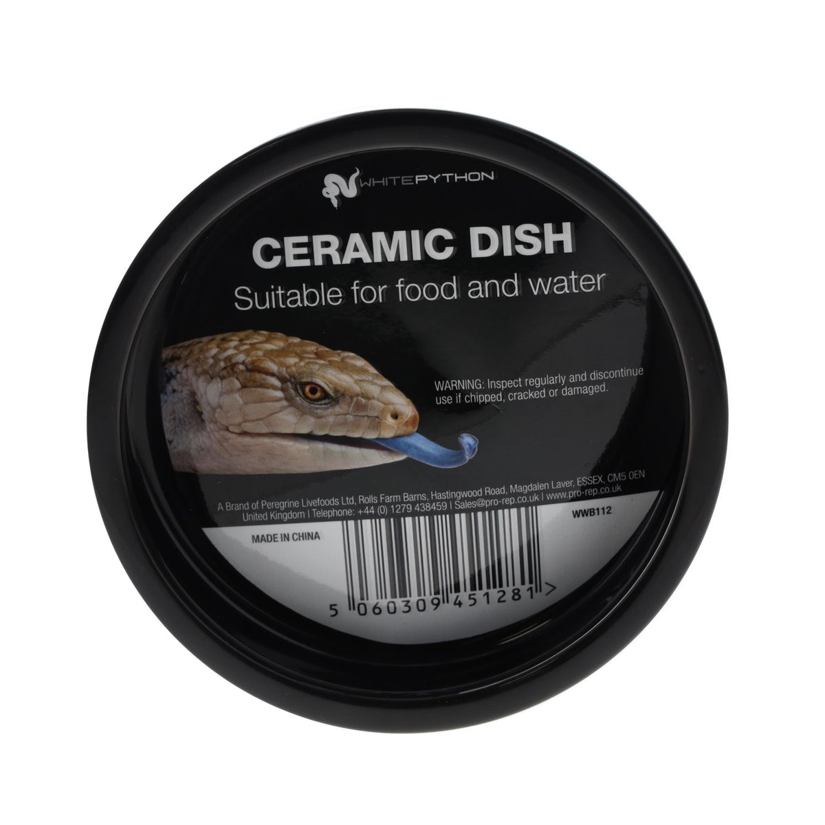 White Python 12cm ceramic reptile water bowl with product label